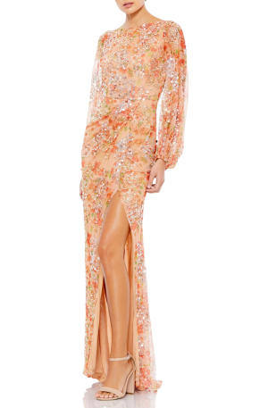 Apricot Sequined Floral Print Gown