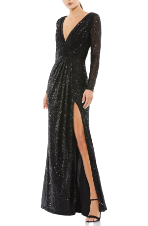 Long Sleeve Ruched Wrap Sequined Gown
