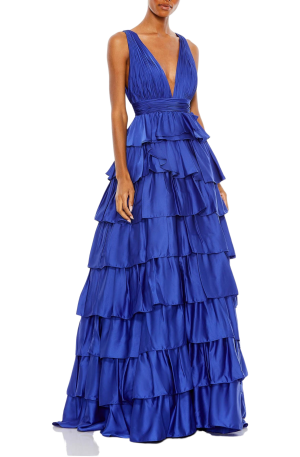 Ruffle Tiered Pleated Sleeveless V Neck Gown